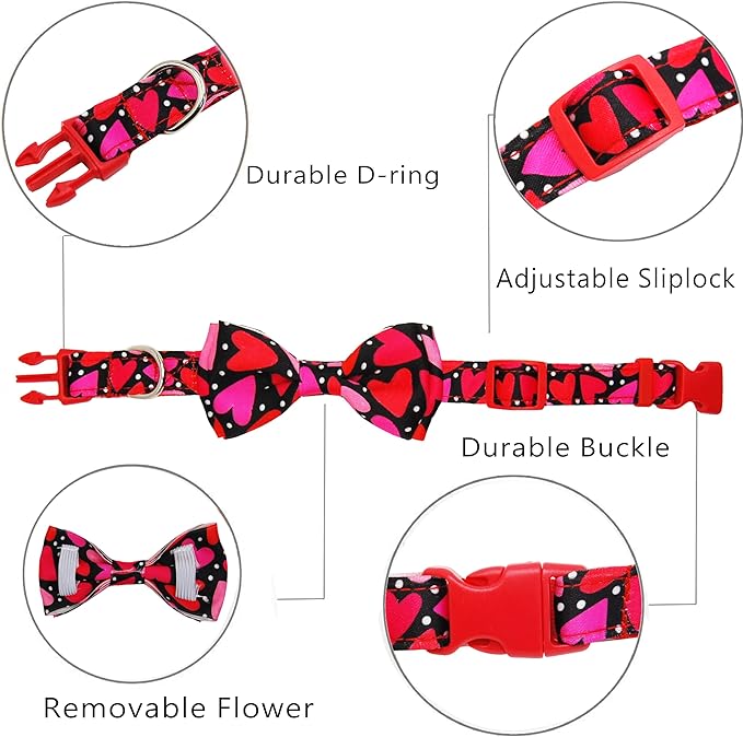 Valentine’s Day Dog Collar Adjustable Puppy Collar with Red & Pink Heart Pattern, Cute Pet Accessories for Small Medium Large Dogs