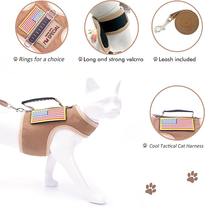 Tactical Kitty Harness and Leash for Walking Escape Proof, Adjustable Kitty Walking Jackets, Padded Stylish Kitty Vest, Khaki, Small