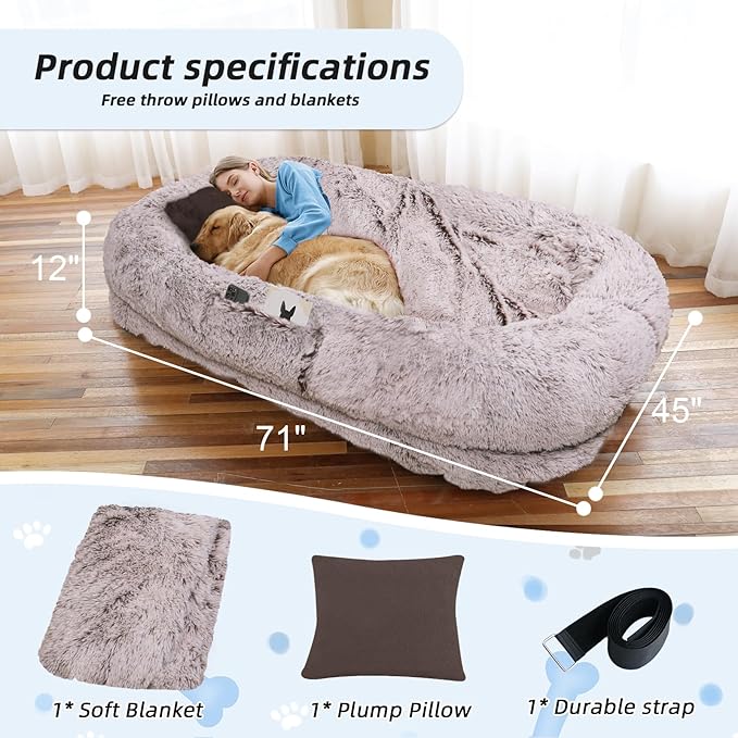 Human Dog Bed, 71''x45''x12'' Size Fits You and Pets, Washable Faux Fur Pet Bed for People Doze Off, Napping Orthopedic Dog Bed, Present Plump Pillow, Blanket, Strap - RustWhite