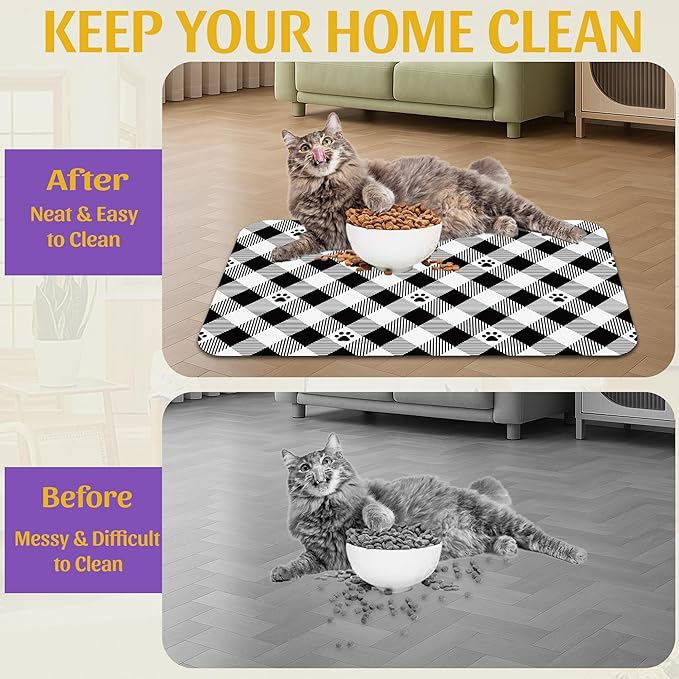 Cat Checked Plaid Dog Cat Food Mat, Absorbent Feeding Mat with Fast-Dry Surface, Rubber Backing for Messy Drinkers – 12x20 Inch