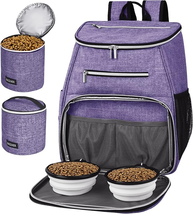 BAGLHER丨Dog Travel Bag Backpack, Airline Approved Pet Supplies Backpack, Dog Travel Bag with 2 Silicone Collapsible Bowls and 2 Food Baskets Purple