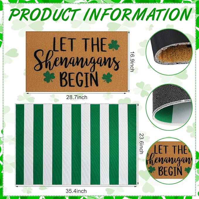 Tinideya 2 Pcs Irish Festival Door Mat Fest Welcome Non Slip Coir Mats Shenanigans Green White Stripe Floor Layering Doormats Seasonal for Front Porch Entryway Decor(Irish Festival)