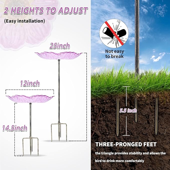 MUMTOP Glass Bird Baths for Outdoors, 12 Inch Bird Bath Bowl with Metal Stake Sunflower Bird Feeders for Garden and Patio Decor