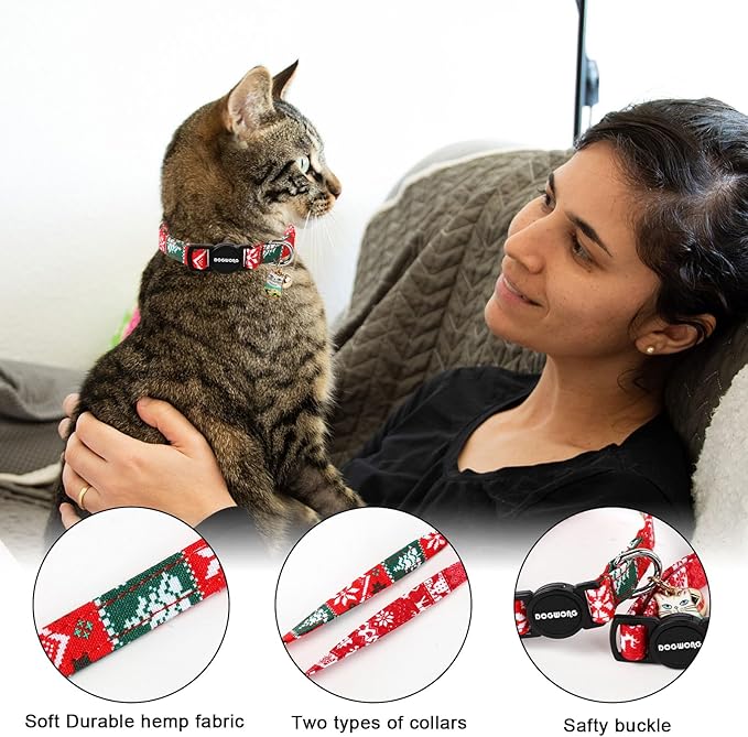 Cat Collar,2 Pack Cat Collars Breakaway with Bell, DOGWONG Safety Buckle Red Christmas Cat Collar for Girl Boy Cats and Small Dogs，Adjustable 7-12 Inch,Pet Supplies Accessories