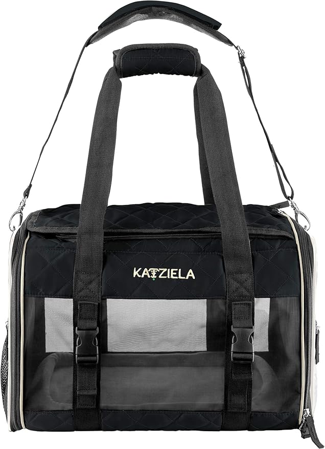 Katziela Deluxe Quilted Airline Approved Pet Dog & Cat Carrier for Airplane Travel (Large, Black)