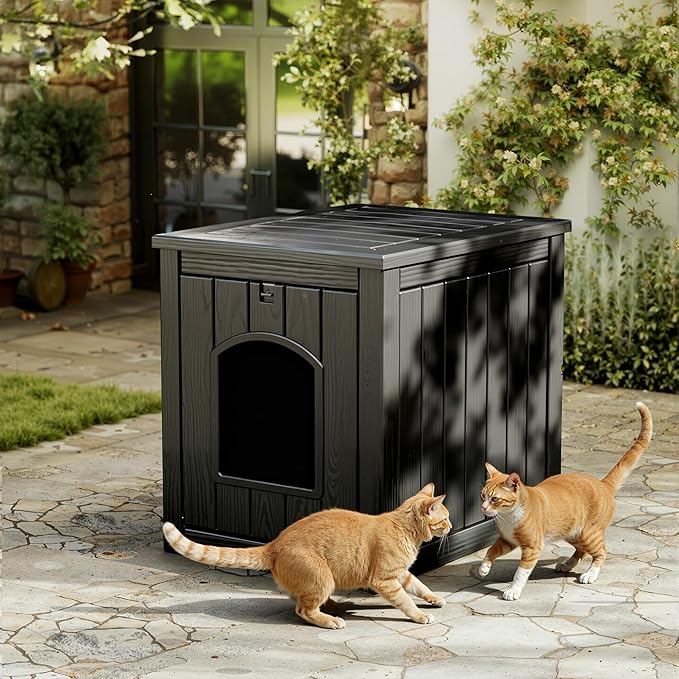 Cat Litter Box Enclosure, Multi-Functional Hidden Cat Litter Box Furniture & Indoor Outdoor Cat House with Side Table Design, Openable Front Door & Raised Floor, Easy to Clean & Assemble, Black
