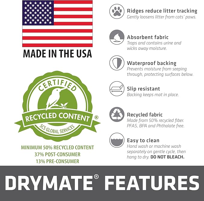 Drymate Cat Litter Box Mat, Litter Trapping Mat, Waterproof, Urine-Proof, Absorbent, Machine Washable, Soft on Paws, Contains Mess, Protects Floors, Kitten Supplies, Tan, 29x36 XL