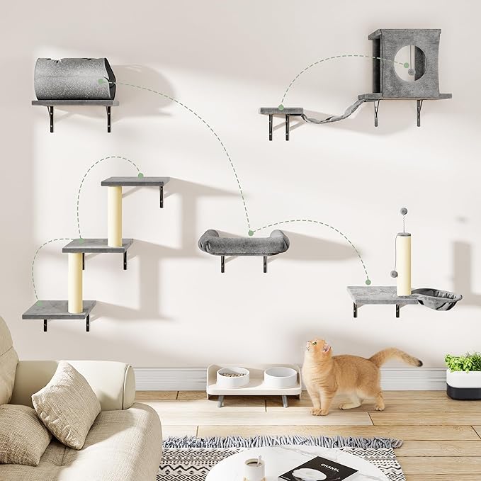 NUNU LAB 7-in-1 Wall Mounted Cat Climber Set, Cat Wall Furniture Set with House, Bridge, Steps, Scratcher Post, DIY Playground, Cat Wall Shelves - Gray