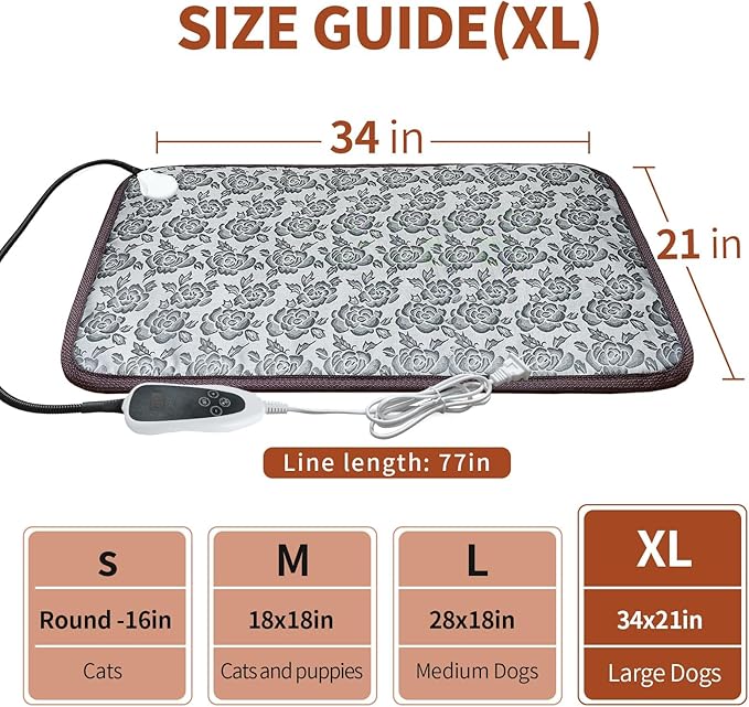Large Dog Heating Pad 34x21in with Smart Thermostat Switch and Power Line Protection Tube,Obtained MET and UL Dual Certification, Suitable for Dogs of All Ages-Rose