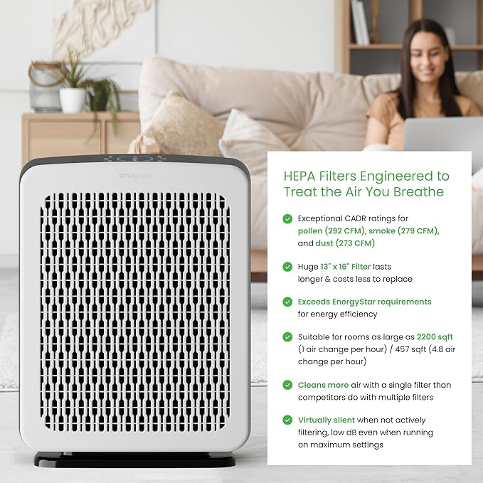EP-300 EnviPure HEPA Air Purifier – Large Room Air Purifier Covers Up to 2200 Sq Ft, Removes Pollen, Dust, Smoke, Pet Hair, Odors & More - Real Time Smart TrueFilter IQ™ HEPA Filter Life Monitoring
