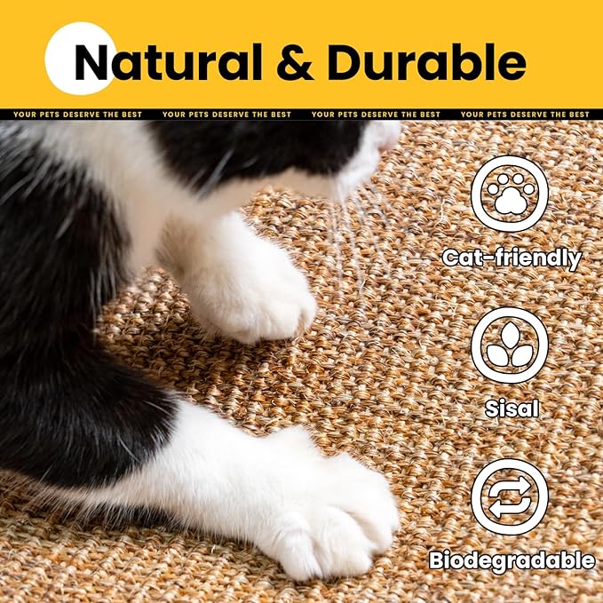 Cat Scratcher Mat,Sisal Cat Scratch Pad with Hook&Loop Tape,Wall Floor Kitten Scratching Pads Rug for Indoor,Furniture Protector for Couch&Carpets&Sofas,Kitty Bithday Gifts,Large,Brown,2 Pack