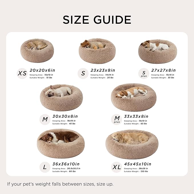 Bedsure Calming Dog Bed Medium Large Size Dogs - Donut Washable Large Pet Bed, 33 inches Anti-Slip Round Fluffy Plush Faux Fur Dog Bed, Camel