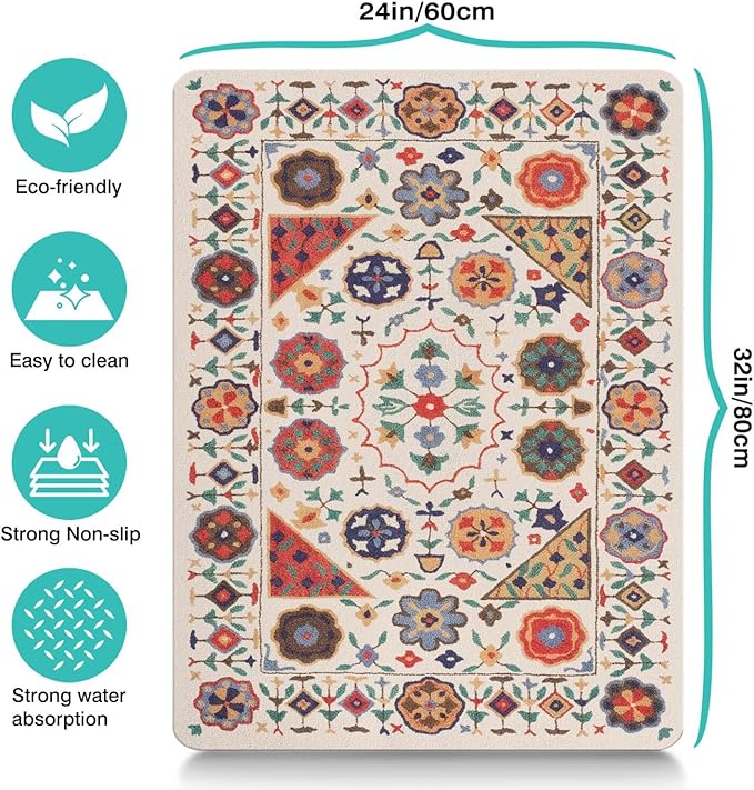 Moroccan Trellis Dog Food & Water Mat, Boho Colorful Vintage Pet Feeding Mat for Floor Non-Slip Waterproof, Super Absorbent Cat Bowl Mat, Easy to Clean Durable Pet Placemat,24" × 32"