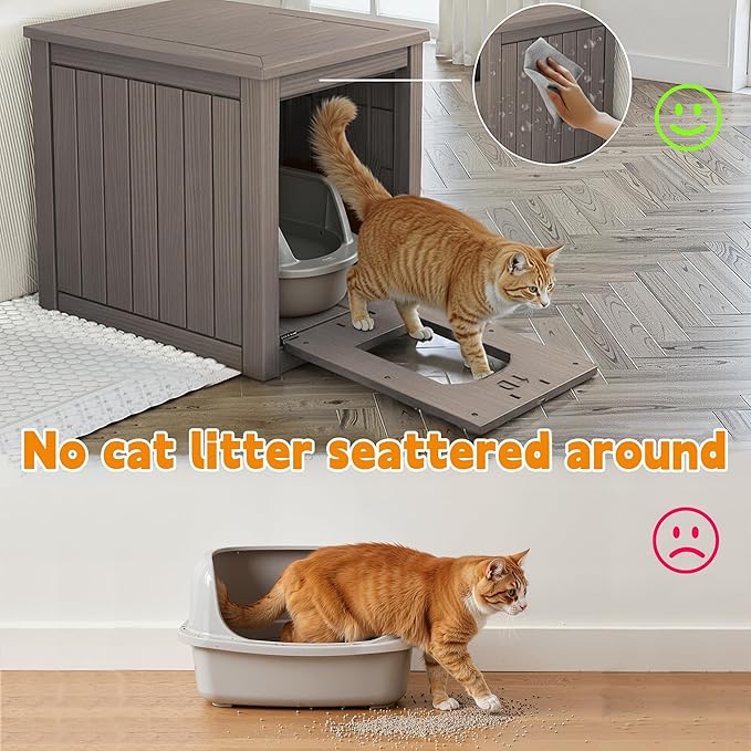 Cat Litter Box Enclosure, Multi-Functional Hidden Litter Box Furniture & Indoor Outdoor Cat House with Side Table Design, Openable Front Door & Raised Floor, Easy to Clean & Assemble, Grey