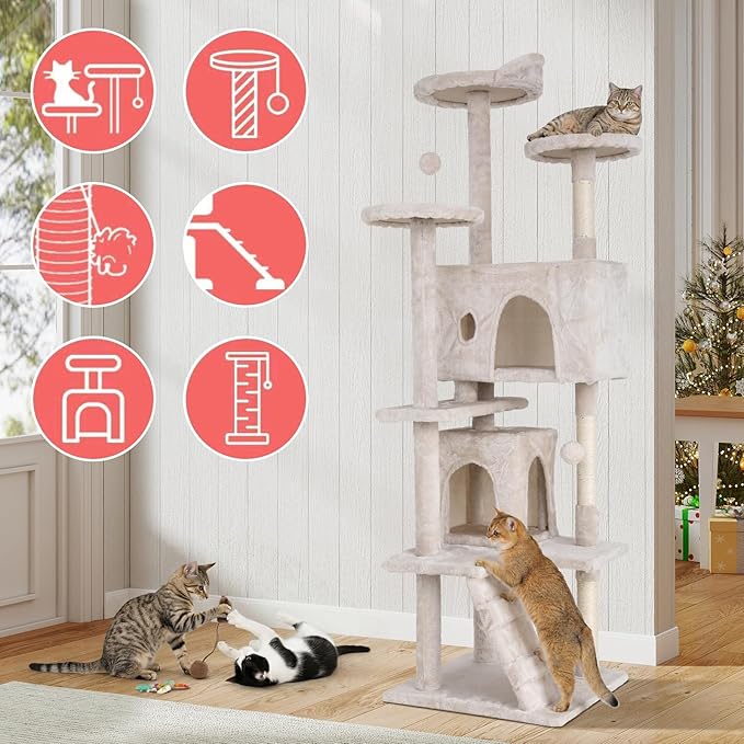 70in Cat Tree Cat Climbing Tower with Scratching Post, Cats House Perch Kitten Tree Condo Wood Playhouse, Pet Trees Tower for Indoor Cats, Beige