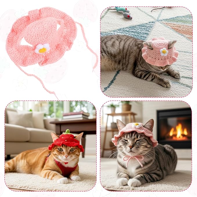 2PCS Strawberry Cat Hats Cute Flower Crochet Hats for Cats Small Pets Birthday Party Christmas Halloween Easter Travel Accessories Puppy Hat