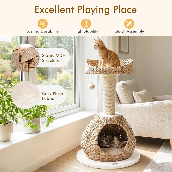 PETSITE 28-inch Modern Cat Tree, Small Cute Cat Tower Sisal Scratching Post, Hand-Made Wicker Condo and Top Perch, Interative Dangling Ball, Ideal for Indoor Cats