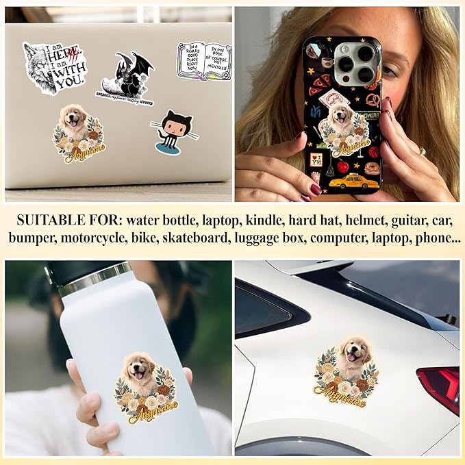 Custom Pet Face Photo Name Floral Sticker Personalized Text Image Animal Flower Decal Waterproof Vinyl Decal for Water Bottles Tumbler Laptop Hard Hat Car Kindle Gifts for Girl Boy