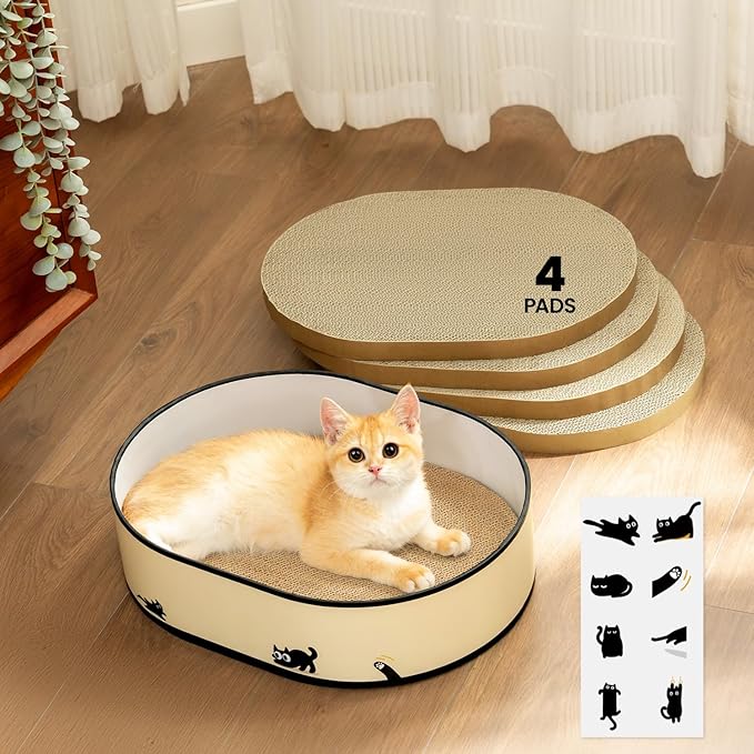Cat Scratcher Box with 4 Cat Scratching Pads, Mess-Free Design, Refill Scratch Pad, Heavy Duty Corrugated Cardboard Lounger, DIY Stickers Decoration, for Multi-Cat Homes