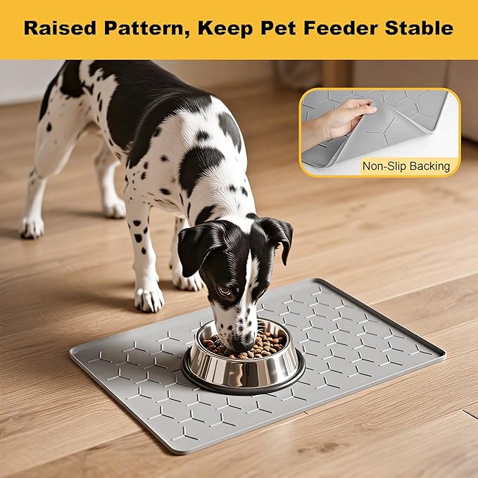 Pieviev 24''x16'' Dog Cat Food Bowl Mat, Silicone Waterproof Food Grade Pet Food Mat for Floor, High Raised Edge to Prevent Spills, Non-Slip & Easy Clean Pet Placemat for Dog & Cat Bowls, Light Gray
