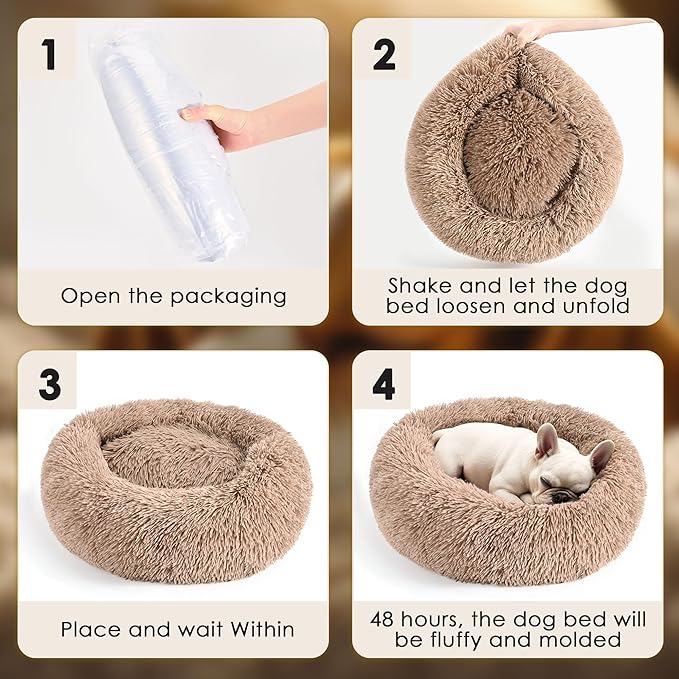 Dogs Bed for Small Dogs, Anti-Anxiety Washable Round Bed (Camel, 24.0" L x 24.0" W x 8.0" Th)