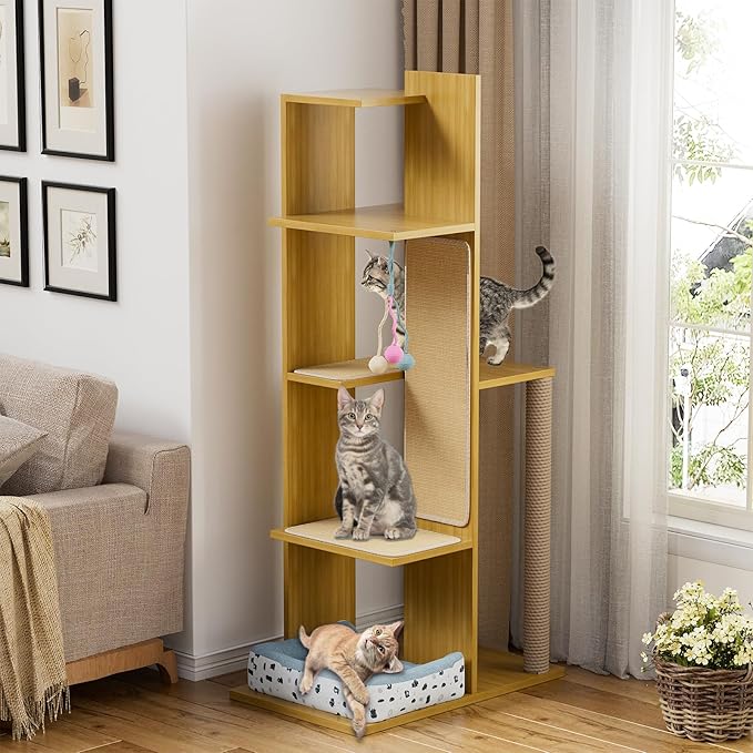 PAKASEPT 65.5" Tall Cat Tree, Multi-Level Modern Cat Tower with Sisal Scratching Posts, Cat Bed, Cat Balls, Freestanding Wooden Cat Activity Center, Cat Tree Tower for Indoor Small Large Cats