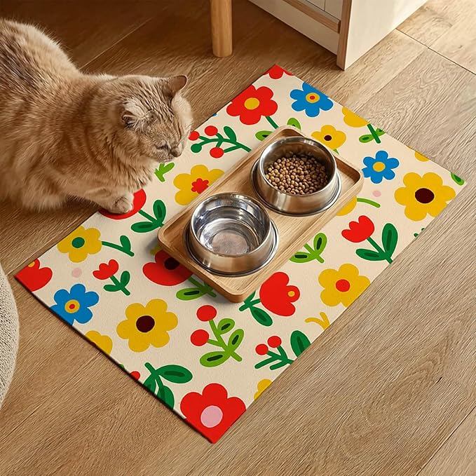 Pet Feeding Mat 24x16 inch Colorful Flower Print Pet Bowl Placemat Non Slip Floor Mat for Food and Water Indoor Pet Feeding Station Cute Meal Pad for Small Cats and Dogs Kitchen Use