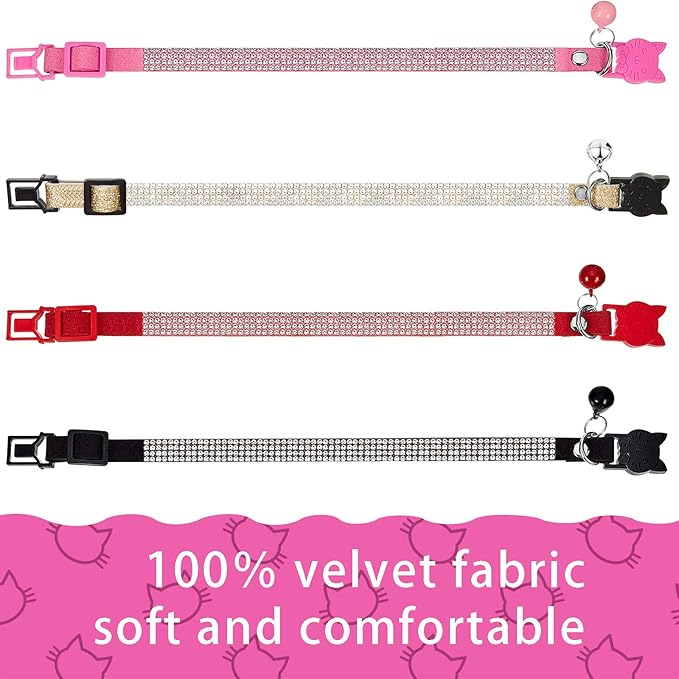 Weewooday 4 Pieces Rhinestones Cat Collars Breakaway Cat Collar with Bell Bling Pet Accessories with Soft Velvet, 4 Colors(XS,Gold, Red, Pink, Black)