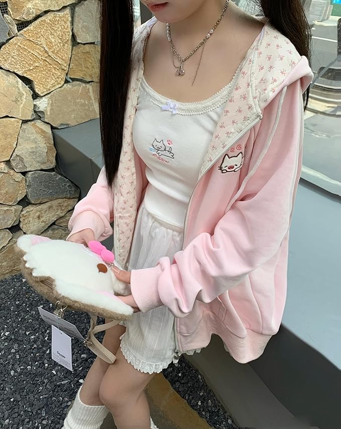 Womens Y2K Zip Up Cute Graphic Hoodies Cat Ears Casual Cartoon Harajuku Kawaii Clothes Oversize Streetwear Jacket