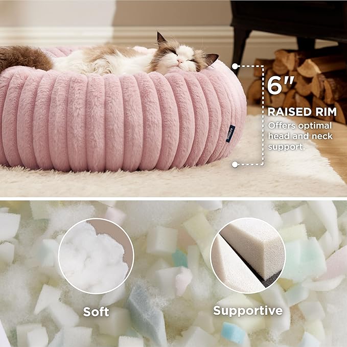 Bedsure ComfyFleece™ Cat beds for Indoor Cats - Donut Dog Beds for Small Dogs with Corduroy Fleece & Anti Slip Bottom, Faux Fur Pet Beds with Washable Removable Cover, Blush Pink, 20x20x6 inches