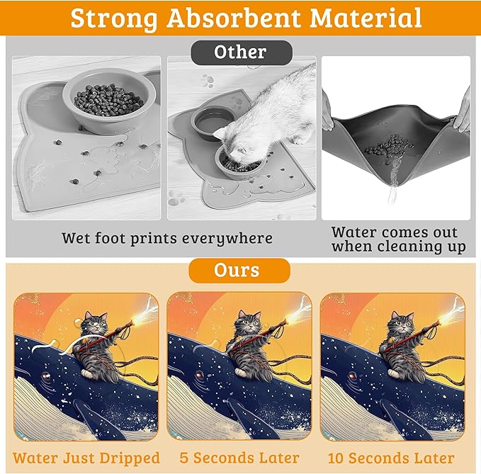 Dog Bowl Mat,Cat Shark Pet Feeding Mat for Floors Waterproof,Ocean Wave Absorbent Dogs Placemat for Food and Water Quick Dry Pet Cat Feeding Mats with Non Slip Bottom 12" x 20"