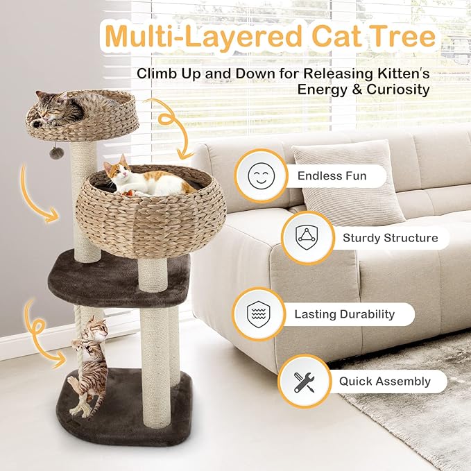 PETSITE 41 Inch Modern Cat Tree for Indoor Cats, Multi-Level Cat Tower with Scratching Posts, Hand-Made Wicker Cat Condo & Top Perch, Dangling Ball, Sisal Rope, Cute Cat Tree for Indoor Cats