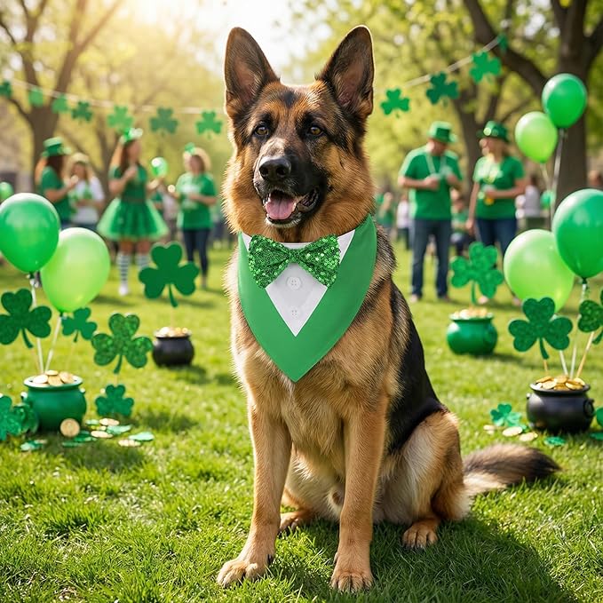 ADOGGYGO St.Patrick's Day Dog Tuxedo Bandana, Green Pet Tux Collar with Bowtie Adjustable St Patricks Costume for Large and Extra Large Dogs Pets (XL)
