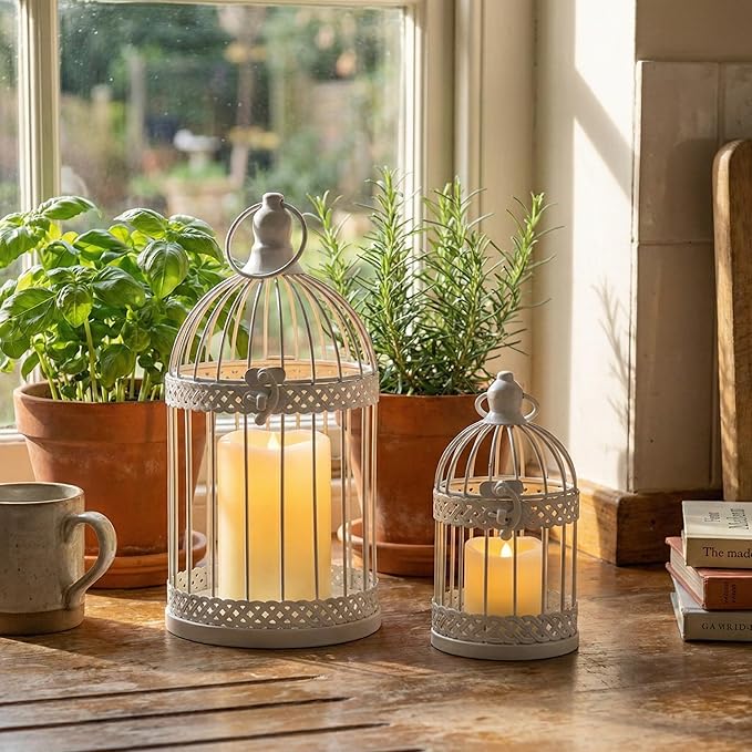 Vela Lanterns Bird Cage Decor Candle Holder Lantern Decorative Wedding Table Centerpiece Decorations, 10" and 6" Tall, White, Set of 2