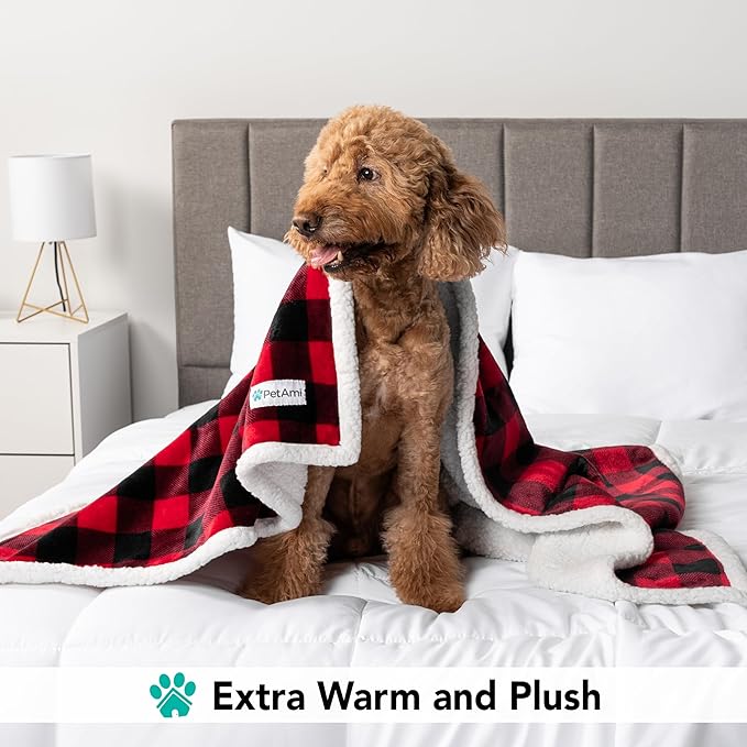 PetAmi Dog Blanket for Bed, XL Pet Blanket Large Dogs, Fleece Furniture Couch Cover Protector Sofa Car Crate Kennel, Soft Sherpa Cat Throw Plush Reversible Washable, Twin 60x80 Checker Red