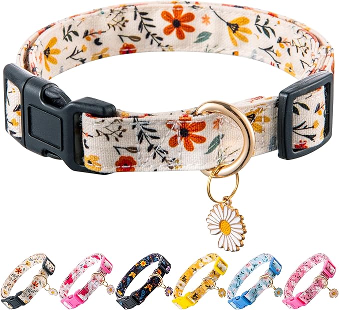 Cute Dog Collar Beige Flower Pattern for Boys and Girls Holiday Dog Collars Summer Fall Gift Adjustable for Medium to X-Large Breed Dogs (L)