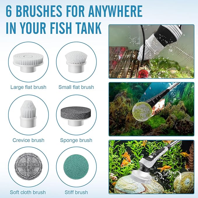 Electric Fish Tank Cleaner, Aquarium Spin Cleaning Brush, IPX8 Waterproof Aquarium Gravel Cleaner & Water Changer, Aquarium Clean Spin Scrubber & Algae Scraper Tools Kit with Adjustable Handle