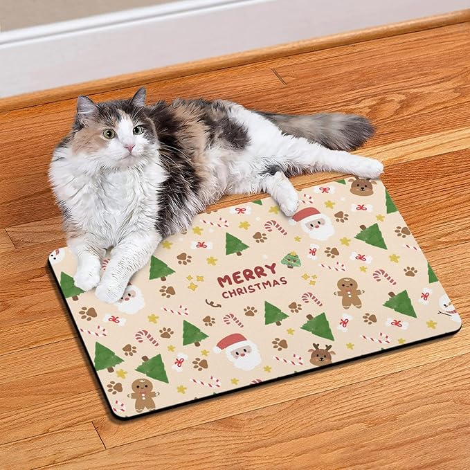 Christmas Dog Food & Water Mat, Paw Prints Santa Claus Snowman Xmas Pet Feeding Mat for Floor Non-Slip Waterproof, Super Absorbent Cat Bowl Mat, Easy to Clean Pet Placemat,12" × 20"