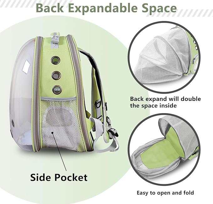 Cat Backpack Carrier Back Expandable Bubble Pet Carrier Backpack for Large Cat, Kitten and Dog, Designed for Hiking, Travelling and Outdoor Use (Back Expandable-LightGreen)