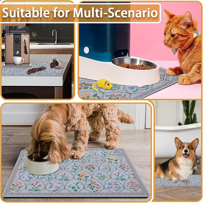 Absorbent Pet Dog Bowl Mat for Food and Water, Pet Cat Food Feeding Mat with Non Slip Rubber Backing, Dog Food Mats for Floors Waterproof, 12"x20"