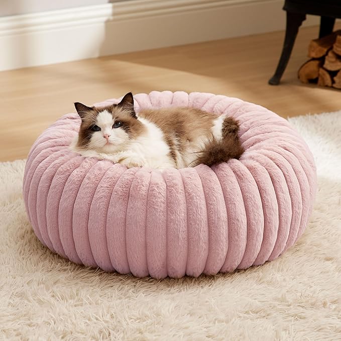 Bedsure ComfyFleece™ Cat beds for Indoor Cats - Donut Dog Beds for Small Dogs with Corduroy Fleece & Anti Slip Bottom, Faux Fur Pet Beds with Washable Removable Cover, Blush Pink, 20x20x6 inches