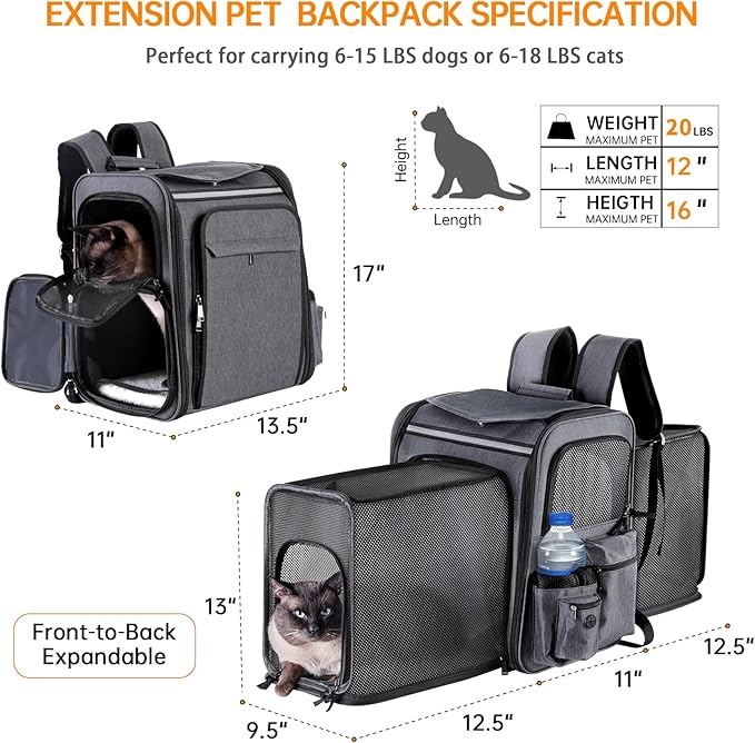 Cat Backpack Carrier,Double Side Expandable Cat Carrier Backpack,Dog Carrier Backpack for Medium Cats and Small Dogs,Puppies Up to 20 Lbs,Pets Carrier Backpack with Breathable Mesh(Grey)