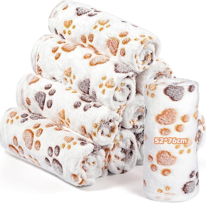 Tegeme 12 Pcs Pet Blankets Soft Fluffy Fleece Dog Cat Warm Paw Print Pattern Blankets Flannel Throw for Pets Dog Puppy Cat(30 x 20 Inch,White)