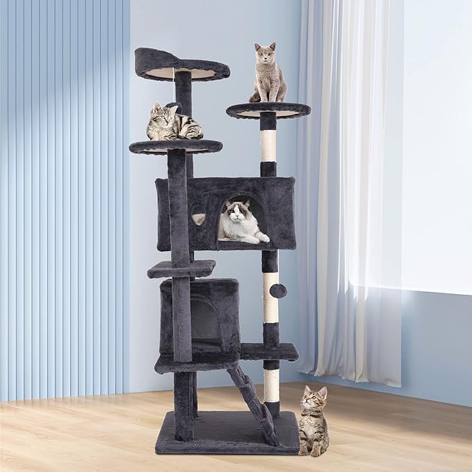 Cat Tree for Indoor Cats, Multi-Level Cat Tower with Scratching Posts & Cozy Condo, Space Saving Cat Activity Center, Durable Pet Play House (54in,Ashy)