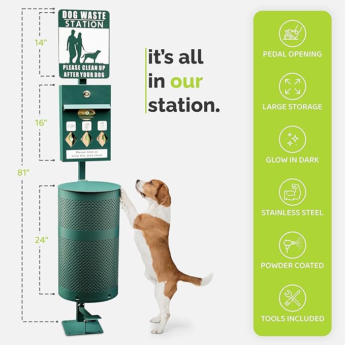 Hands-Free Dog Waste Station Outdoor with Pedal - Dog Waste Disposal System & Bag Dispenser for Park & Trails - Rust Proof Doggie Station - Night Glowing Sign | 800 Pet Waste Bags & 100 Can Liners