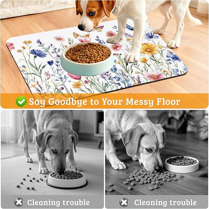 Flowers Butterfly Dog Food Mat,Colorful Absorbent Pet Feeding Mat for Food and Water Bowl,Quick Dry Dog Placemat Non Slip Rubber Backing Waterproof Pet Supplies 12" x 20"
