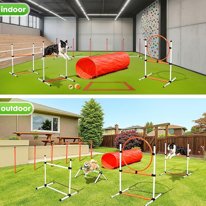 Dog Agility Course Backyard Set, Dog Agility Equipment, Pet obstacle Course Backyard with 6 Dual Mode Weave Poles, 2 Adjustable Hurdle, Jump Ring, Tunnel, Pause Box, Toy Balls and 2 Carrying Bags