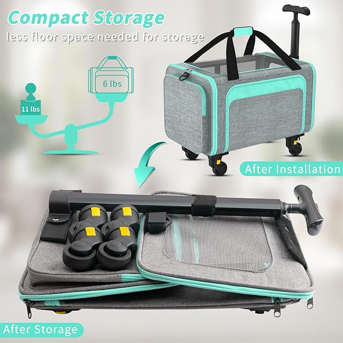 Rolling Pet Carrier with Detachable Wheels - 18x11x11 TSA Airline Approved for Southwest Delta United American, Soft Sided Expandable Travel Bag for Small Dogs & Cats up to 15Lbs, Fits Under Seat