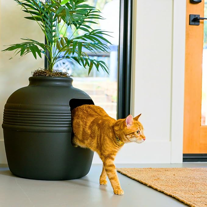 Good Pet Stuff Hidden Litter Box Planter, Decorative Cat Litter Enclosure with Carbon Filter, Artificial Plant, Easy Clean, Indoor Design, Original Round Style, Base Kit, Black Suede