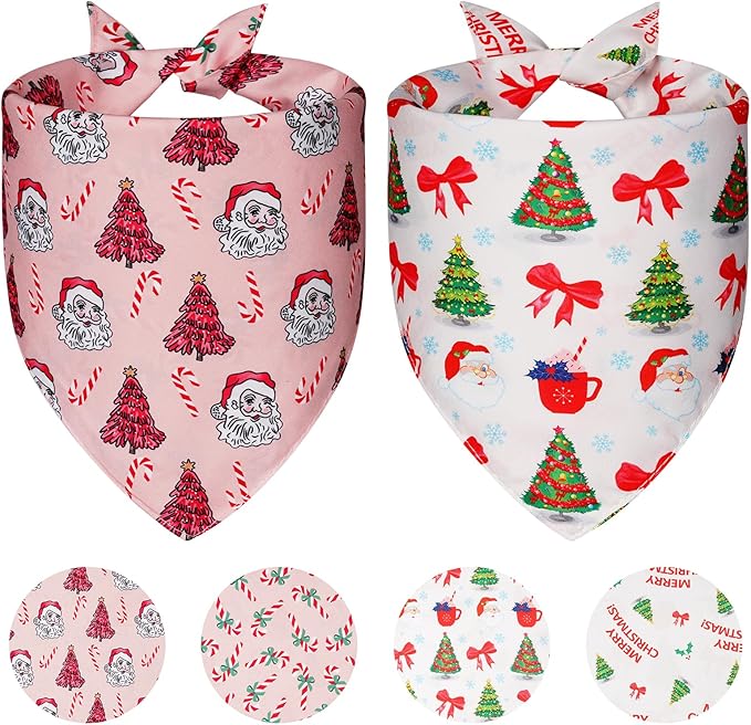 Cute Christmas Dog Bandanas XLarge 2PCS, 4 Pattern Holiday Scarf for Boy and Girl, Triangle Reversible Bibs Breed for Puppy Pets